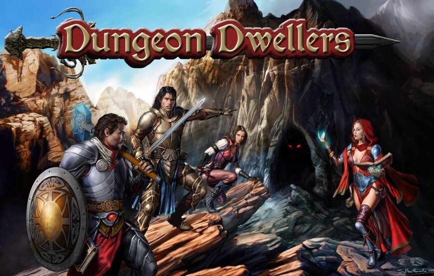 Four fantasy characters, including a knight with a shield, two bow-wielding warriors, and a mage, stand near a dark cave entrance in a mountainous landscape, under a logo reading "Dungeon Dwellers."