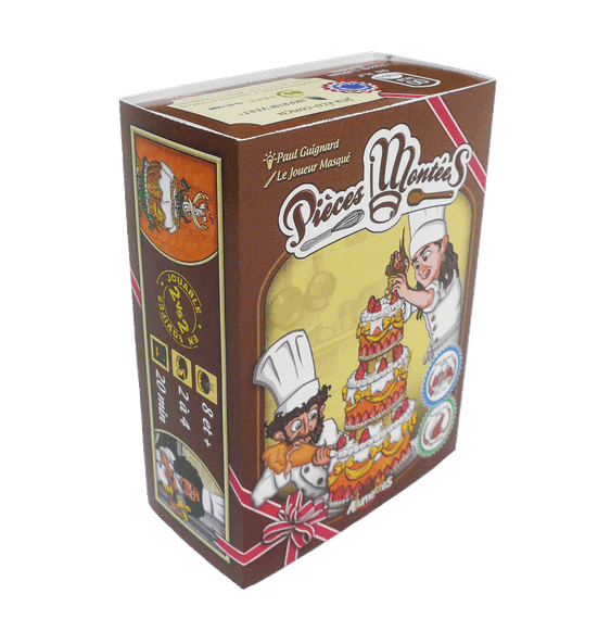 3D view of a board game box named "Pièces Montées," featuring cartoon images of chefs decorating a multi-layered cake.