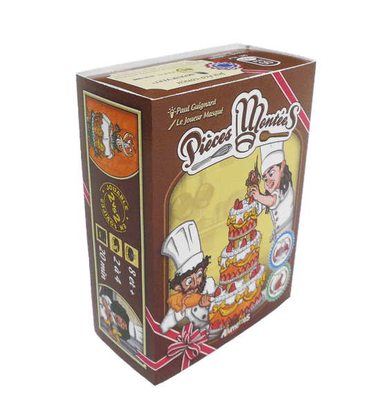 3D view of a board game box named "Pièces Montées," featuring cartoon images of chefs decorating a multi-layered cake.