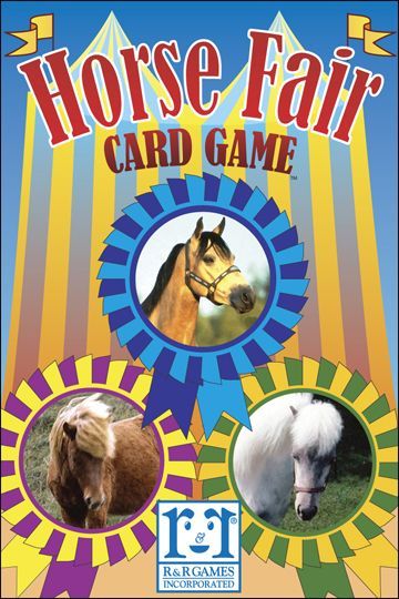 Poster for "Horse Fair Card Game" featuring three different horses displayed within colorful circular borders, set against a background of vertical rainbow stripes with the game's title at the top.