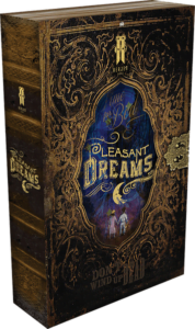 Ornate book cover design titled "Time for Bed, Pleasant Dreams" with intricate golden patterns and a vivid central illustration depicting two children under a moonlit sky.