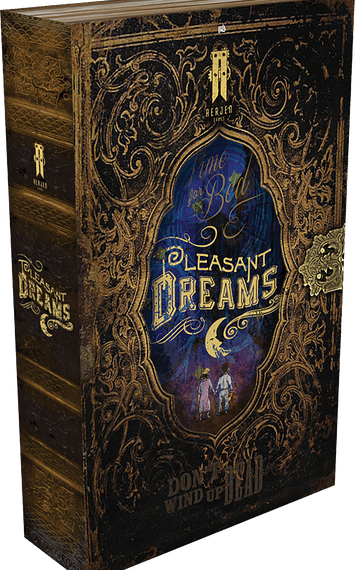 Ornate book cover design titled "Time for Bed, Pleasant Dreams" with intricate golden patterns and a vivid central illustration depicting two children under a moonlit sky.