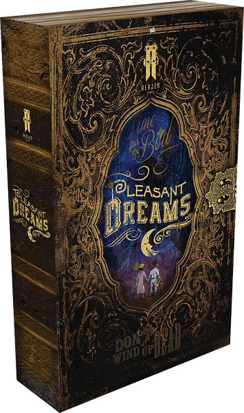 Ornate book cover design titled "Time for Bed, Pleasant Dreams" with intricate golden patterns and a vivid central illustration depicting two children under a moonlit sky.