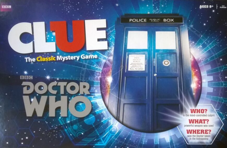 Board game box cover featuring "Clue: The Classic Mystery Game" with a "Doctor Who" theme, displaying the TARDIS as 'Police Public Box' on a cosmic background with swirling galaxies and futuristic designs.