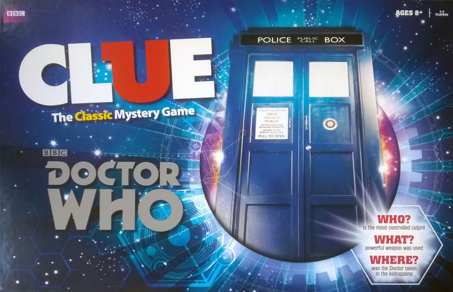 Board game box cover featuring "Clue: The Classic Mystery Game" with a "Doctor Who" theme, displaying the TARDIS as 'Police Public Box' on a cosmic background with swirling galaxies and futuristic designs.
