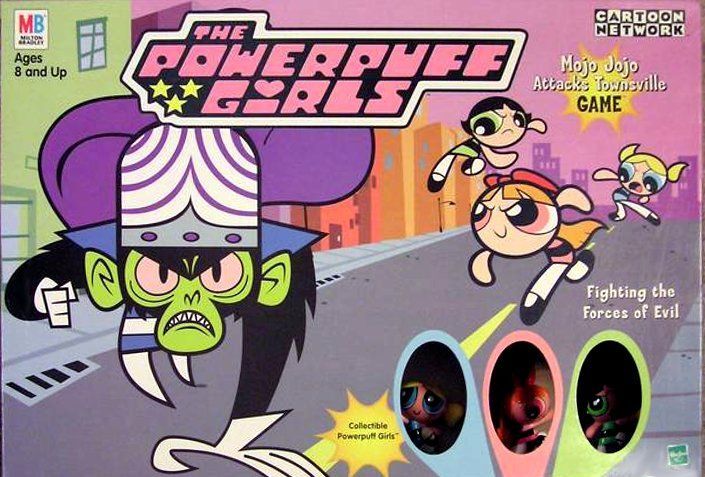 Board game cover for "The Powerpuff Girls: Mojo Jojo Attacks Townsville Game", featuring the villain Mojo Jojo in the foreground and the Powerpuff Girls flying above the city in the background.