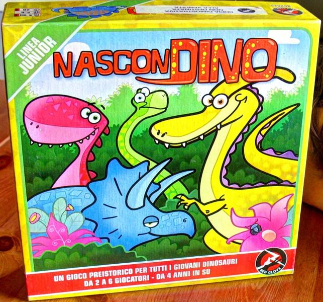 Colorful board game box named "NasconDino" featuring cartoon dinosaurs in a vibrant prehistoric landscape.