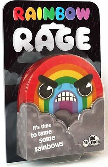 Board game "Rainbow Rage" packaging featuring an angry cartoon rainbow with clouds, displayed in a clear plastic box.