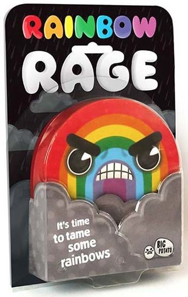 Board game "Rainbow Rage" packaging featuring an angry cartoon rainbow with clouds, displayed in a clear plastic box.