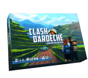 3D rendering of the "Clash D'Ardeche" board game box, featuring a rural landscape with terraced fields, mountains in the background, and two hikers observing the scenery. The box includes game details such as 1-4 players, 60 min, ages 10 and up.