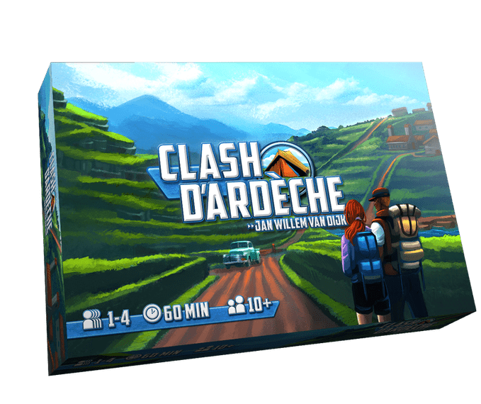 3D rendering of the "Clash D'Ardeche" board game box, featuring a rural landscape with terraced fields, mountains in the background, and two hikers observing the scenery. The box includes game details such as 1-4 players, 60 min, ages 10 and up.