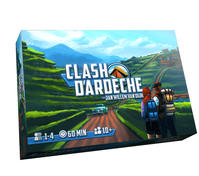 3D rendering of the "Clash D'Ardeche" board game box, featuring a rural landscape with terraced fields, mountains in the background, and two hikers observing the scenery. The box includes game details such as 1-4 players, 60 min, ages 10 and up.