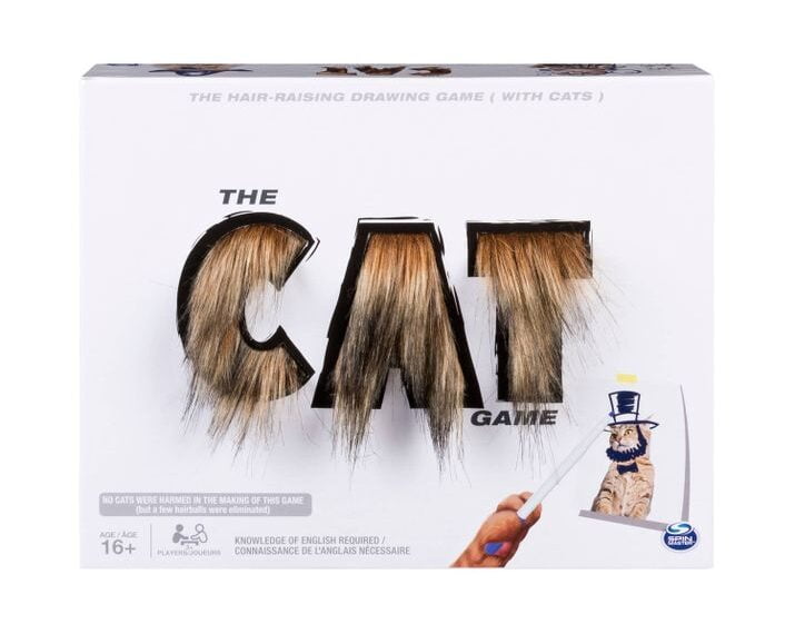 Box packaging of "The Cat Game" with the title designed with cat fur textures and an illustration of a cat holding a pencil looking to draw, indicating the theme of a drawing game featuring cats.