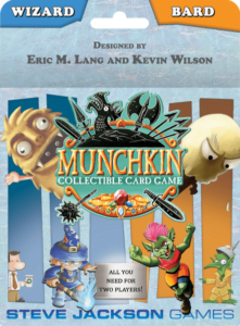 Promotional poster for "Munchkin Collectible Card Game" featuring cartoon characters, a logo with fantasy elements, and text indicating the game is designed by Eric M. Lang and Kevin Wilson.