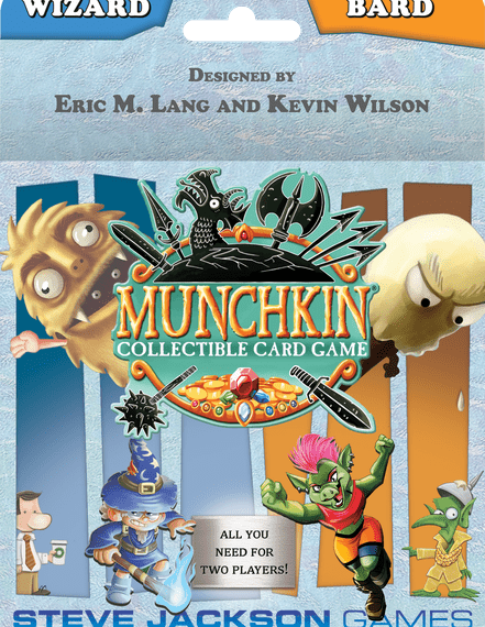 Promotional poster for "Munchkin Collectible Card Game" featuring cartoon characters, a logo with fantasy elements, and text indicating the game is designed by Eric M. Lang and Kevin Wilson.