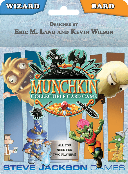 Promotional poster for "Munchkin Collectible Card Game" featuring cartoon characters, a logo with fantasy elements, and text indicating the game is designed by Eric M. Lang and Kevin Wilson.
