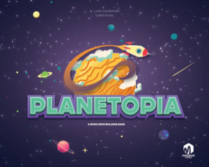 Illustration of a colorful, stylized planet with rings, resembling a bird in orbit, set against a dark starry space background with the title "Planetopia" and the text "A SPACE DECK BUILDING GAME" by Julien Charbonnier and Rémi Pichou, Mangrove Games logo beneath.