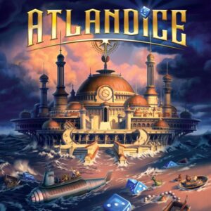 Fantastical artwork of a majestic, dome-topped city floating on the ocean with stormy waves, surrounded by submarines and boats, under a cloudy sky with the text "ATLANTIDICE" at the top.