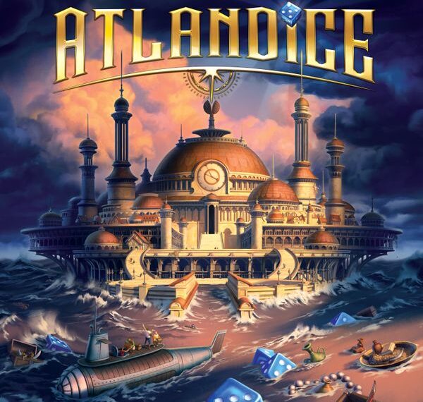 Fantastical artwork of a majestic, dome-topped city floating on the ocean with stormy waves, surrounded by submarines and boats, under a cloudy sky with the text "ATLANTIDICE" at the top.