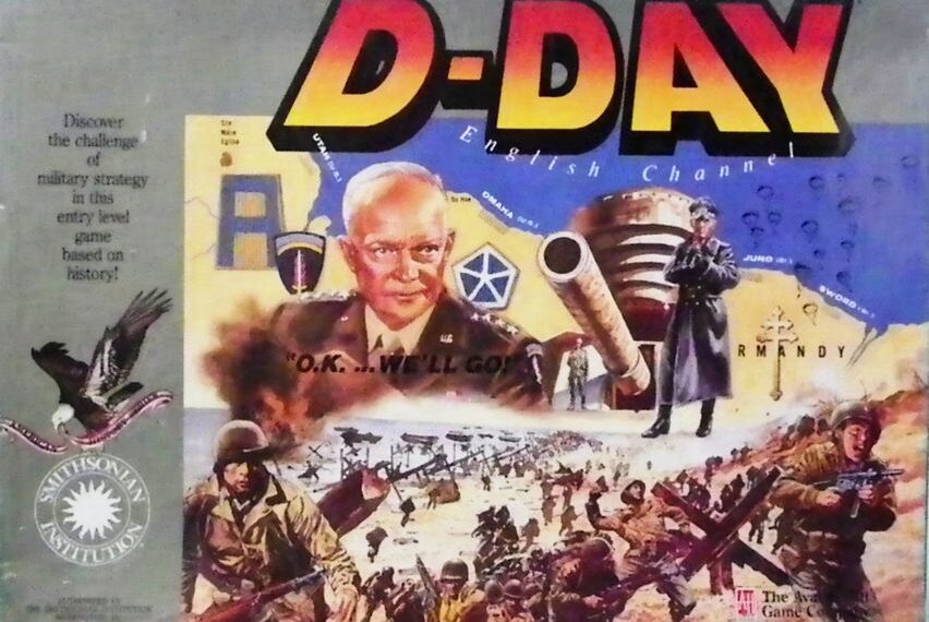 Board game cover for "D-DAY" depicting historical WWII scenes and figures, including soldiers on a beach, military leaders, and a dramatic collage of the English Channel operation.