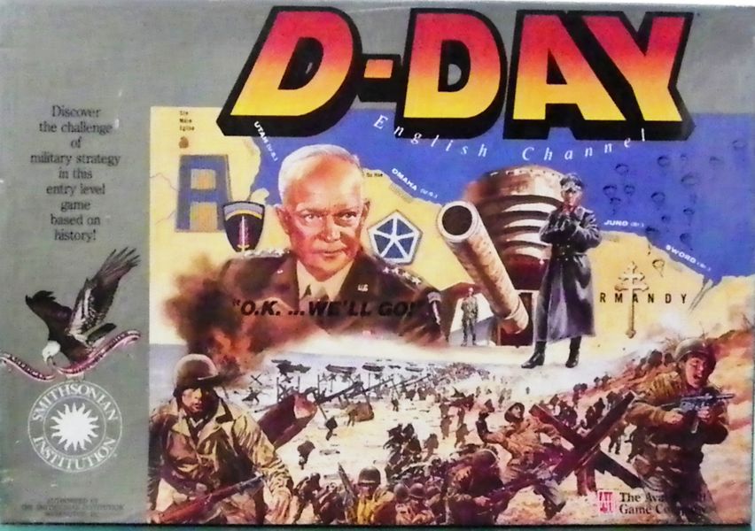 Board game cover for "D-DAY" depicting historical WWII scenes and figures, including soldiers on a beach, military leaders, and a dramatic collage of the English Channel operation.