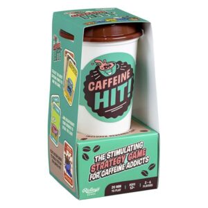 Board game titled "Caffeine Hit" packaged in a green and white box resembling a coffee cup.