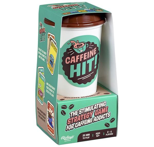 Board game titled "Caffeine Hit" packaged in a green and white box resembling a coffee cup.