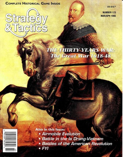 Cover of "Strategy & Tactics" magazine, issue 173, featuring a historical painting of a man in royal attire on horseback, with text about content on the Thirty Years' War and other military topics.