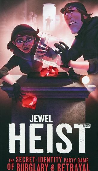 Promotional poster for "Jewel Heist," featuring two animated characters, one male and one female, in a dramatic scene where they are stealing gems. The background is dark with mist and a spotlight focused on the characters.