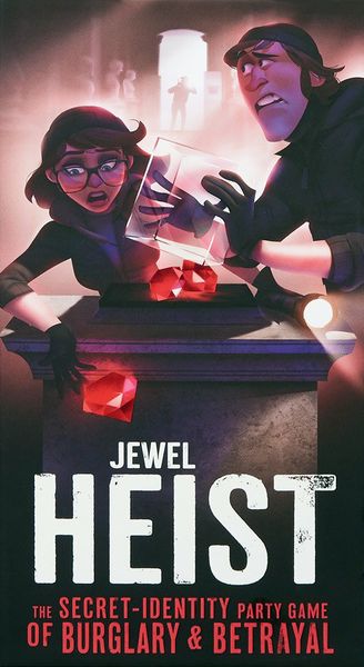 Promotional poster for "Jewel Heist," featuring two animated characters, one male and one female, in a dramatic scene where they are stealing gems. The background is dark with mist and a spotlight focused on the characters.