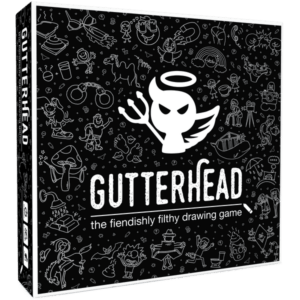 Box of "Gutterhead - the fiendishly filthy drawing game," featuring a white angel-like figure and various doodles on a black background.