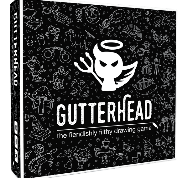 Box of "Gutterhead - the fiendishly filthy drawing game," featuring a white angel-like figure and various doodles on a black background.