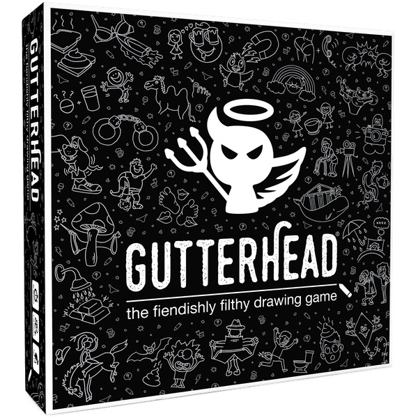 Box of "Gutterhead - the fiendishly filthy drawing game," featuring a white angel-like figure and various doodles on a black background.