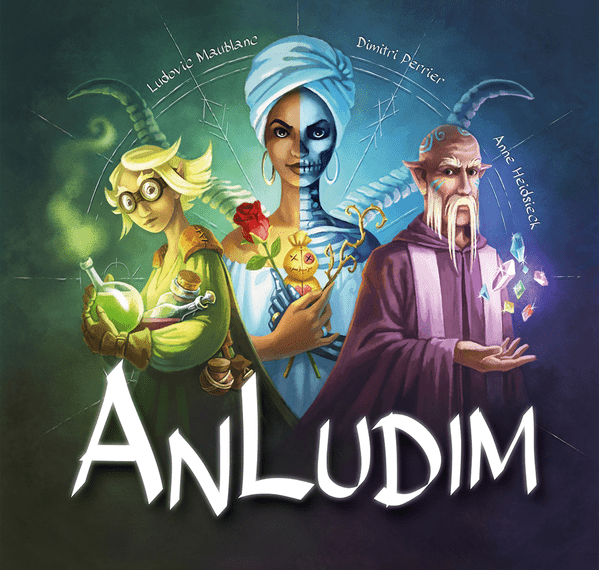 Illustration for "Anludim" featuring three fantasy characters: a green-clad female alchemist with goggles, a blue turbaned skeletal figure holding a heart, and an older male magician with purple robes casting a spell.