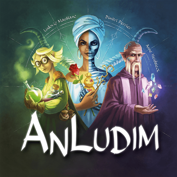 Illustration for "Anludim" featuring three fantasy characters: a green-clad female alchemist with goggles, a blue turbaned skeletal figure holding a heart, and an older male magician with purple robes casting a spell.
