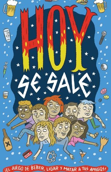 Colorful illustrated poster featuring the text "HOY SE SALE" in bold red and yellow letters, surrounded by cartoon drawings of six diverse people with cheerful expressions, and various party elements like beer mugs, pizza, and a mobile phone against a blue background.