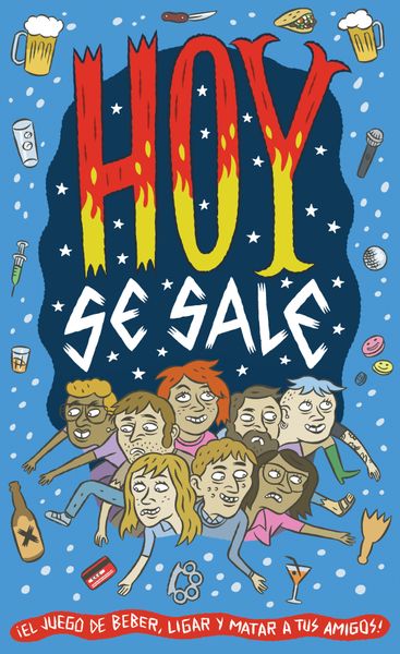 Colorful illustrated poster featuring the text "HOY SE SALE" in bold red and yellow letters, surrounded by cartoon drawings of six diverse people with cheerful expressions, and various party elements like beer mugs, pizza, and a mobile phone against a blue background.