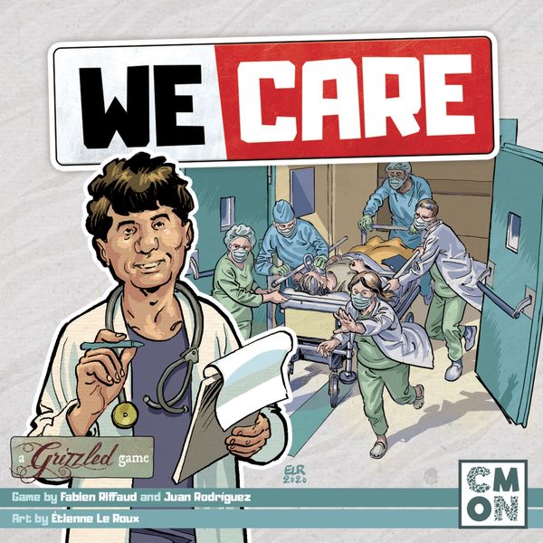 Illustration of a doctor holding a clipboard in the foreground, with a team of healthcare professionals urgently pushing a patient on a stretcher in a hospital corridor. "WE CARE" is prominently displayed at the top.