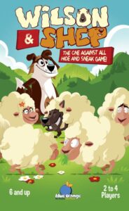 Poster for the game "Wilson & Sheep" featuring cartoon illustrations of a brown and white dog, three black sheep, and multiple white sheep in a green field with mountains in the background, indicating its aimed for ages 6 and up and 2 to 4 players.