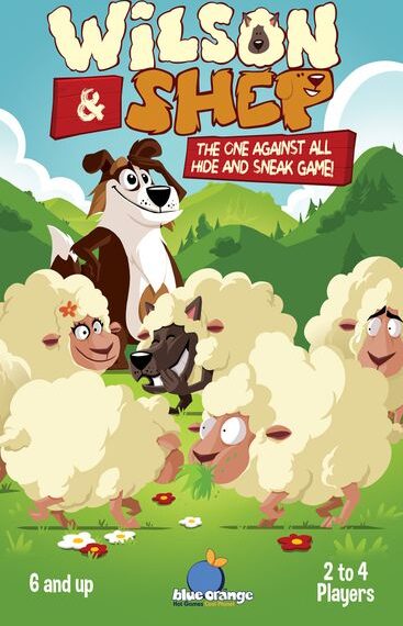 Poster for the game "Wilson & Sheep" featuring cartoon illustrations of a brown and white dog, three black sheep, and multiple white sheep in a green field with mountains in the background, indicating its aimed for ages 6 and up and 2 to 4 players.