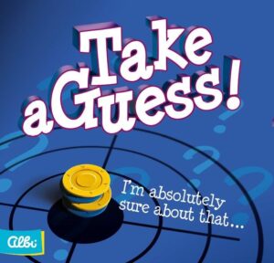 Graphic with a yellow buzzer on a blue background featuring text "Take a Guess!" and "I'm absolutely sure about that..." with the logo "Albi".