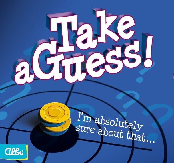Graphic with a yellow buzzer on a blue background featuring text "Take a Guess!" and "I'm absolutely sure about that..." with the logo "Albi".
