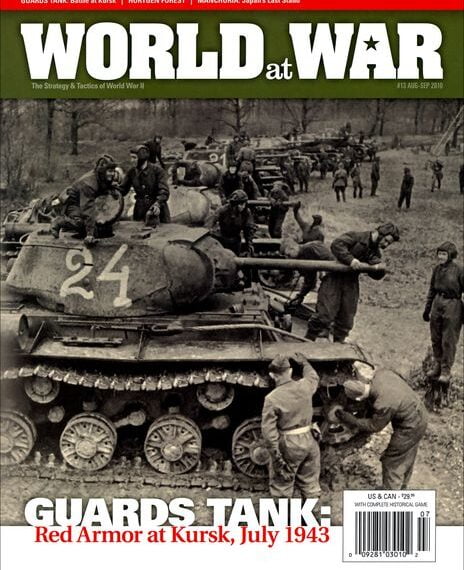 Cover of "World at War" magazine featuring a historical black-and-white photo of soldiers interacting with tanks, captioned "Guards Tank: Red Armor at Kursk, July 1943".