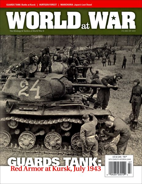Cover of "World at War" magazine featuring a historical black-and-white photo of soldiers interacting with tanks, captioned "Guards Tank: Red Armor at Kursk, July 1943".