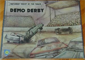 Illustration on a board game box showing a demolition derby event at a track with damaged cars colliding and a crowded spectator stand in the background.