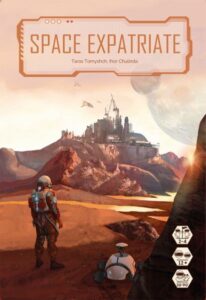 Book cover featuring an astronaut standing on a rugged alien landscape with a robot nearby, looking towards a distant futuristic city under a large planet. The title "Space Expatriate" by Taras Tomysch and Ihor Chulinda is displayed at the top.