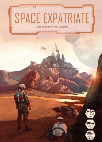 Book cover featuring an astronaut standing on a rugged alien landscape with a robot nearby, looking towards a distant futuristic city under a large planet. The title "Space Expatriate" by Taras Tomysch and Ihor Chulinda is displayed at the top.