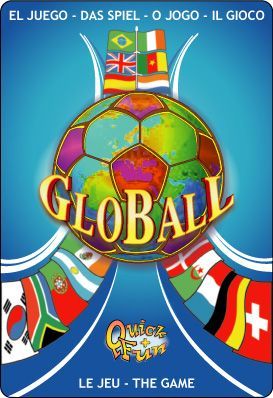 Illustration of a game cover titled "GLOBALL" featuring a colorful globe adorned with various national flags, set against a blue background with rays of light emanating from behind. Text on the image includes "El Juego - Das Spiel - O Jogo - Il Gioco" and "Quiz & Fun" on a ribbon banner, with "Le Jeu - The Game" at the bottom.