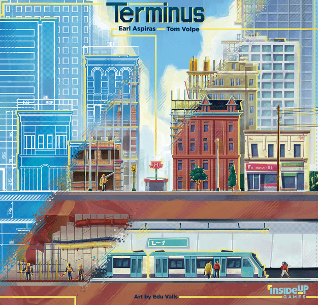 Illustrated cityscape with buildings under construction and blueprint overlays, showing a subway station below ground with a train and passengers, and the title "Terminus."