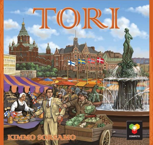Cover art of the game "Tori" depicting a bustling market scene with various stalls, a fountain, people selling goods, and historical buildings in the background.